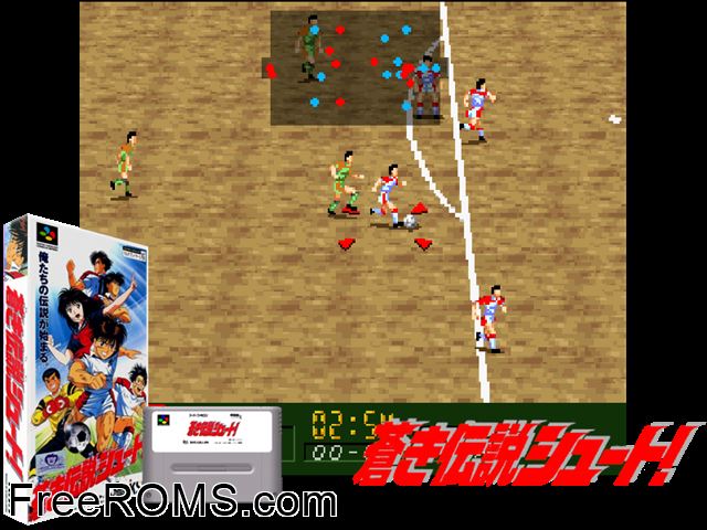 Aoki Densetsu Shoot! SNES game showing 3D box cover and gameplay screenshot