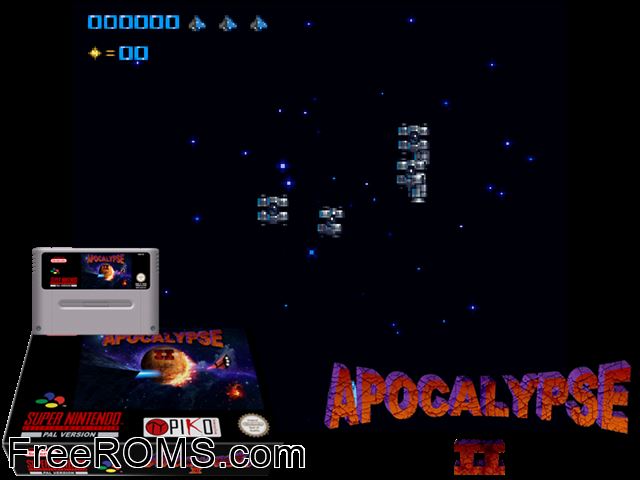 Apocalypse II SNES game showing 3D box cover and gameplay screenshot