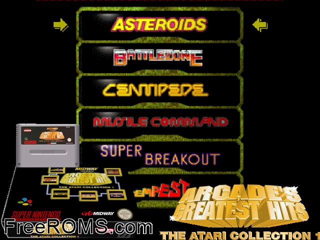 Arcade's Greatest Hits - The Atari Collection 1 SNES game showing 3D box cover and gameplay screenshot