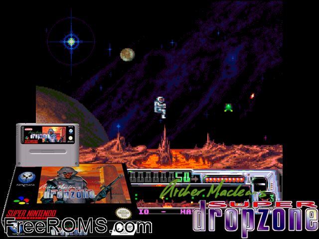 Archer MacLean's Dropzone SNES game showing 3D box cover and gameplay screenshot