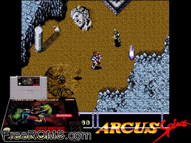 Arcus Spirits SNES game showing 3D box cover and gameplay screenshot