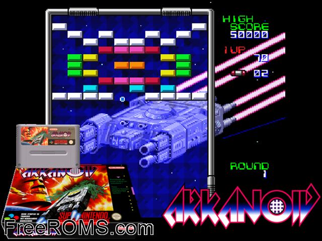 Arkanoid - Doh It Again SNES game showing 3D box cover and gameplay screenshot