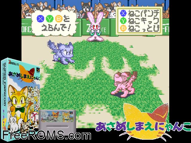 Asameshimae Nyanko SNES game showing 3D box cover and gameplay screenshot