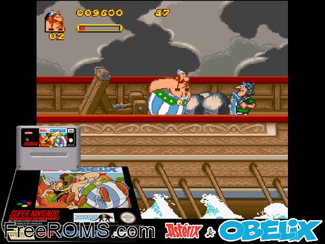 Asterix And Obelix SNES game showing 3D box cover and gameplay screenshot