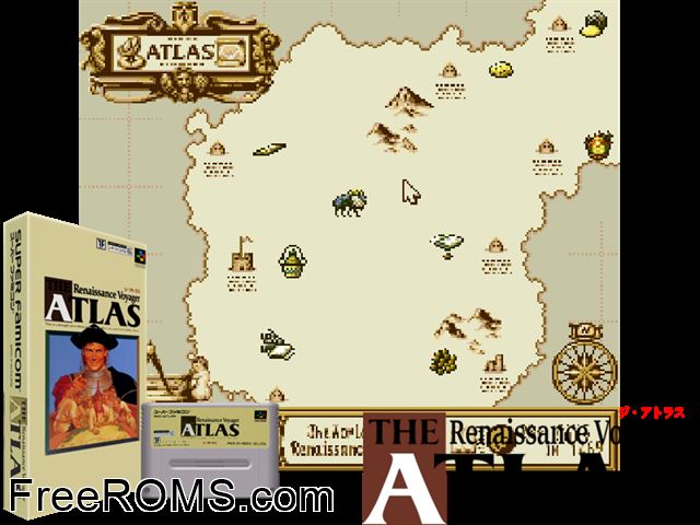 Atlas, The - Renaissance Voyager SNES game showing 3D box cover and gameplay screenshot