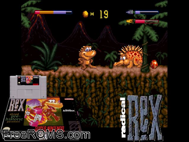 Baby T-Rex SNES game showing 3D box cover and gameplay screenshot