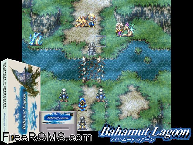 Bahamut Lagoon SNES game showing 3D box cover and gameplay screenshot