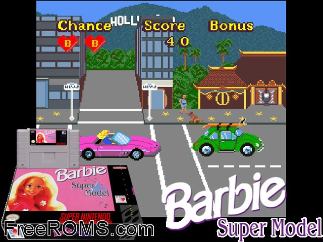 Barbie Super Model SNES game showing 3D box cover and gameplay screenshot
