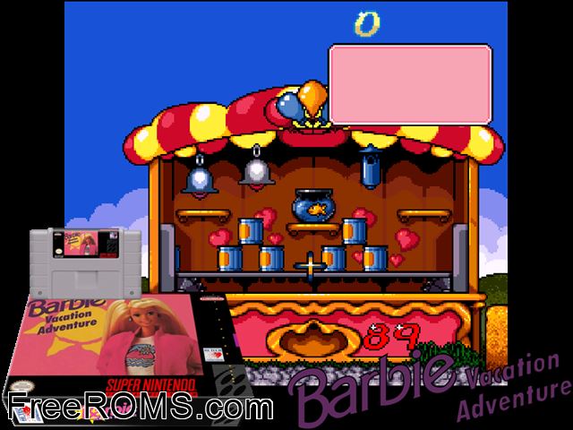 Barbie Vacation Adventure SNES game showing 3D box cover and gameplay screenshot