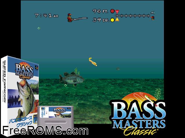 Bass Masters Classic SNES game showing 3D box cover and gameplay screenshot