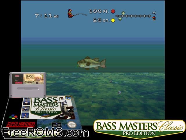 Bass Masters Classic - Pro Edition SNES game showing 3D box cover and gameplay screenshot