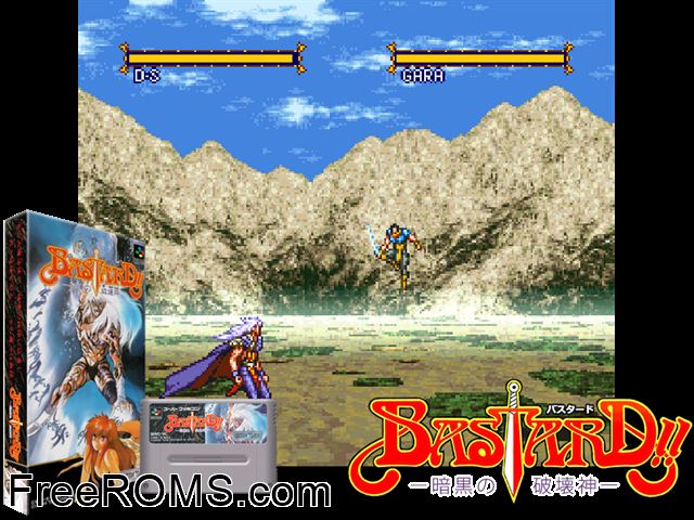 Bastard!! - Ankoku no Hakai-shin SNES game showing 3D box cover and gameplay screenshot