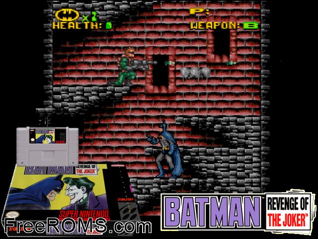 Batman - Revenge of the Joker SNES game showing 3D box cover and gameplay screenshot