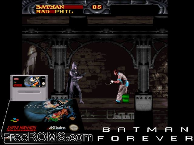 Batman Forever SNES game showing 3D box cover and gameplay screenshot