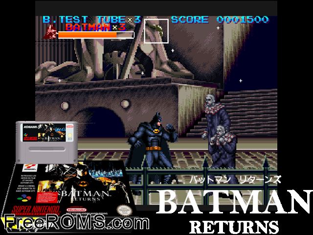 Batman Returns SNES game showing 3D box cover and gameplay screenshot