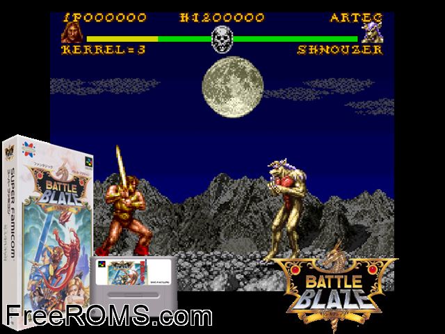 Battle Blaze SNES game showing 3D box cover and gameplay screenshot
