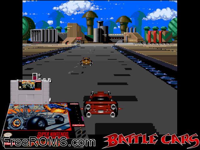 Battle Cars SNES game showing 3D box cover and gameplay screenshot
