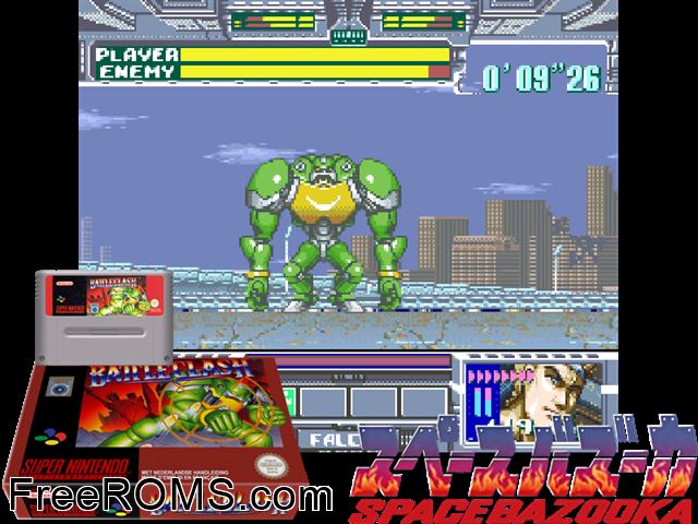 Battle Clash SNES game showing 3D box cover and gameplay screenshot