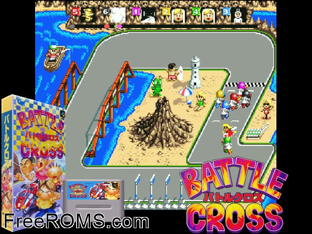 Battle Cross SNES game showing 3D box cover and gameplay screenshot
