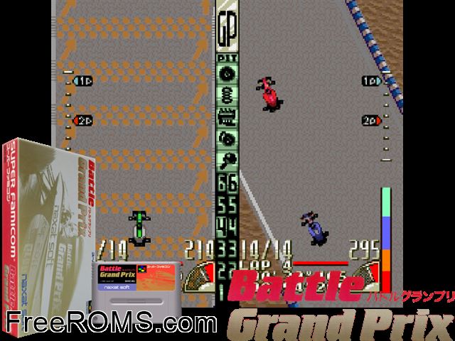 Battle Grand Prix SNES game showing 3D box cover and gameplay screenshot