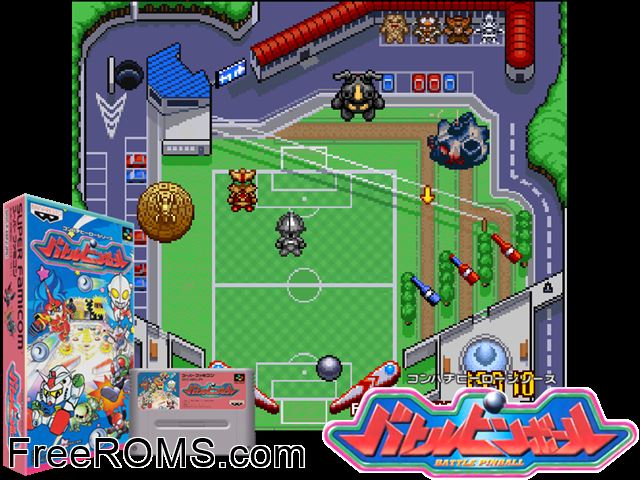 Battle Pinball SNES game showing 3D box cover and gameplay screenshot