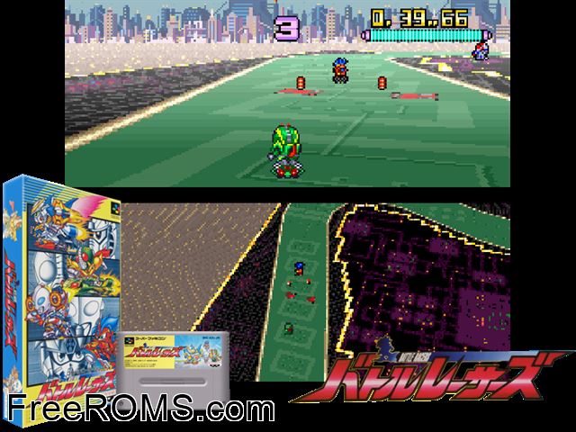 Battle Racers SNES game showing 3D box cover and gameplay screenshot