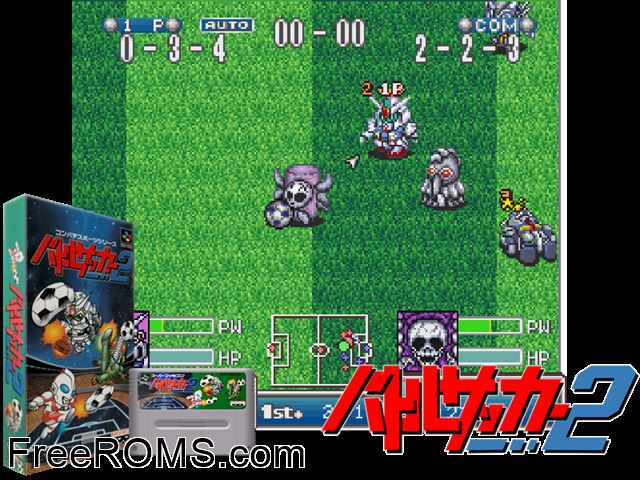 Battle Soccer 2 SNES game showing 3D box cover and gameplay screenshot