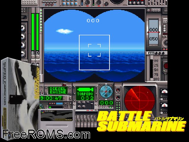 Battle Submarine SNES game showing 3D box cover and gameplay screenshot