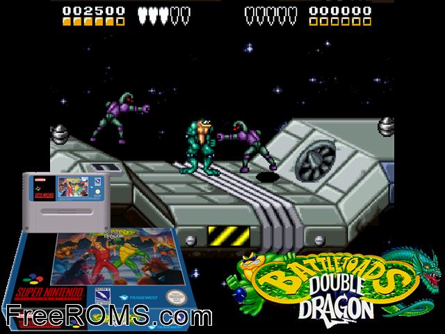 Battletoads And Double Dragon - The Ultimate Team SNES game showing 3D box cover and gameplay screenshot