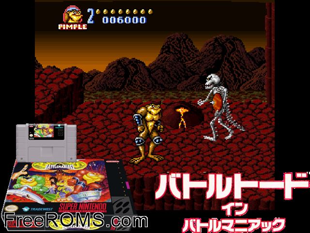 Battletoads in Battlemaniacs SNES game showing 3D box cover and gameplay screenshot