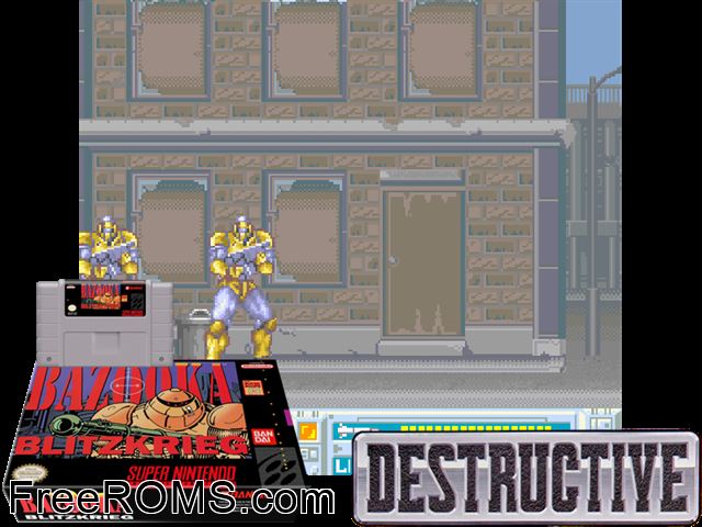 Bazooka Blitzkrieg SNES game showing 3D box cover and gameplay screenshot