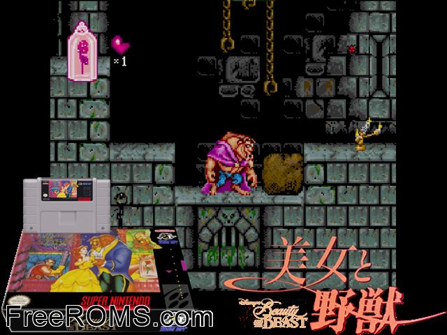 Beauty and the Beast SNES game showing 3D box cover and gameplay screenshot