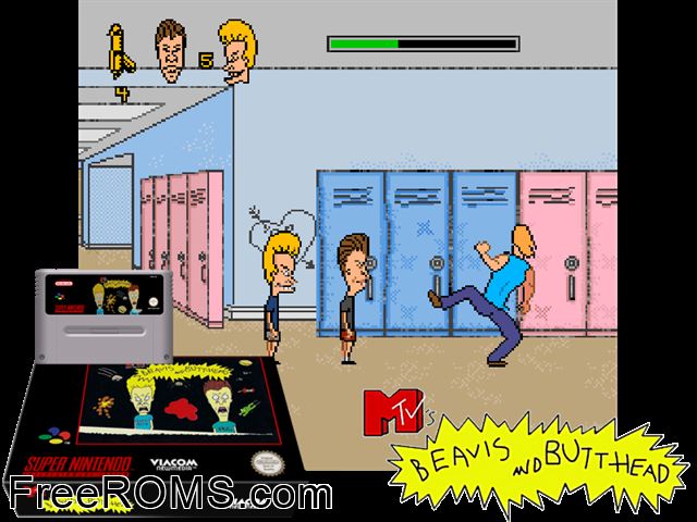 Beavis and Butt-head SNES game showing 3D box cover and gameplay screenshot