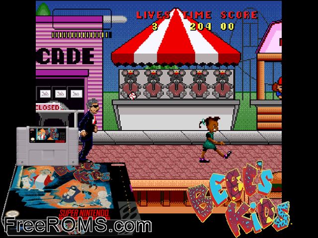 Bebe's Kids SNES game showing 3D box cover and gameplay screenshot