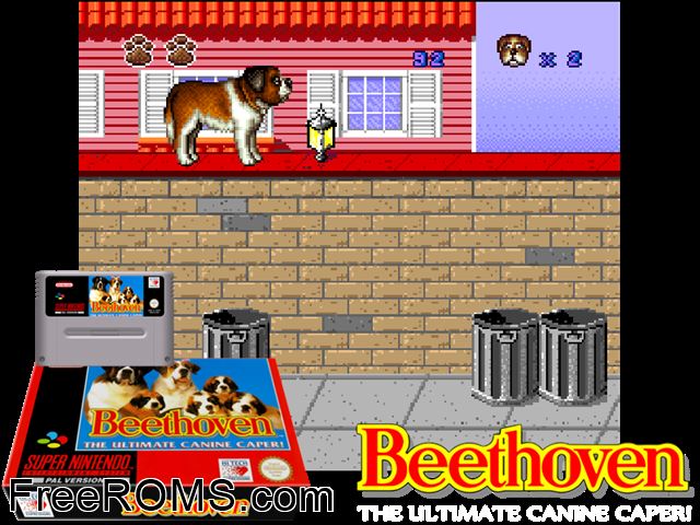 Beethoven's 2nd SNES game showing 3D box cover and gameplay screenshot