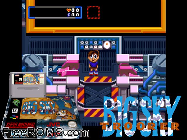 Big Sky Trooper SNES game showing 3D box cover and gameplay screenshot
