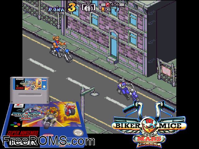 Biker Mice From Mars SNES game showing 3D box cover and gameplay screenshot
