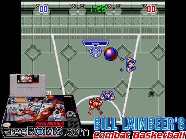Bill Laimbeer's Combat Basketball SNES game showing 3D box cover and gameplay screenshot