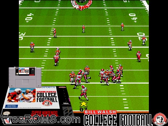 Bill Walsh College Football SNES game showing 3D box cover and gameplay screenshot