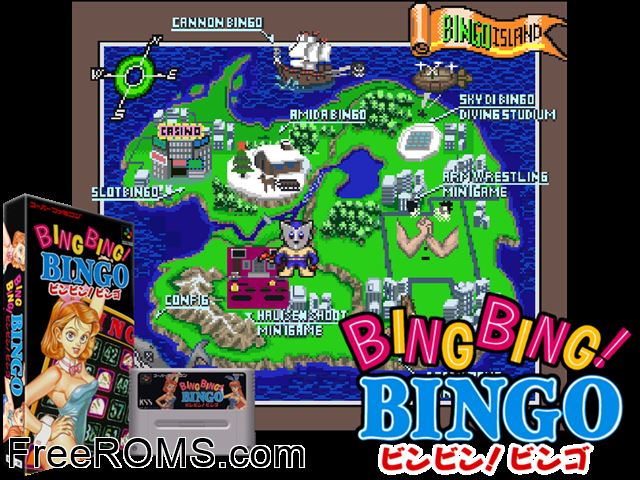 Bing Bing! Bingo SNES game showing 3D box cover and gameplay screenshot