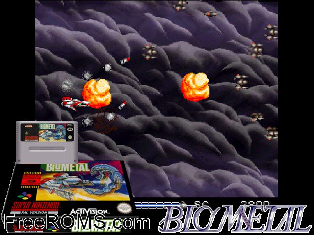 Bio Metal SNES game showing 3D box cover and gameplay screenshot