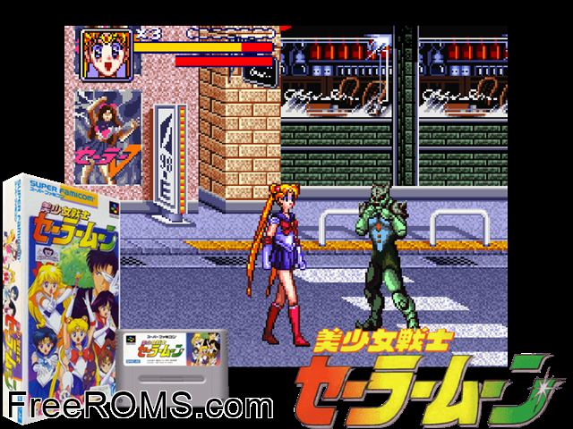 Bishoujo Senshi Sailor Moon SNES game showing 3D box cover and gameplay screenshot