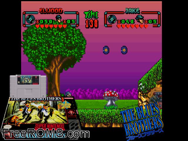 Blues Brothers, The SNES game showing 3D box cover and gameplay screenshot