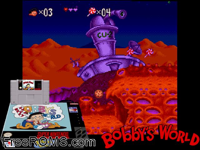 Bobby's World SNES game showing 3D box cover and gameplay screenshot