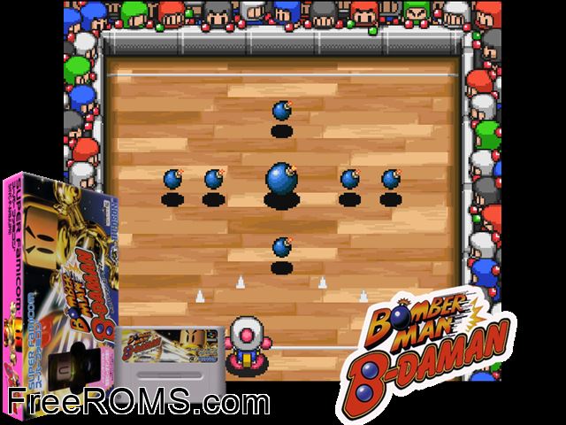 Bomberman B-Daman SNES game showing 3D box cover and gameplay screenshot