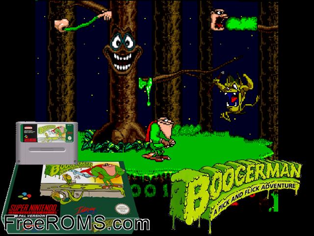 Boogerman - A Pick and Flick Adventure SNES game showing 3D box cover and gameplay screenshot