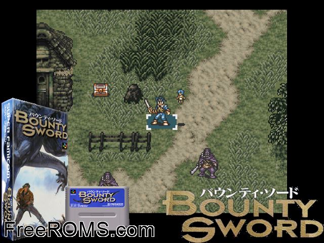 Bounty Sword SNES game showing 3D box cover and gameplay screenshot