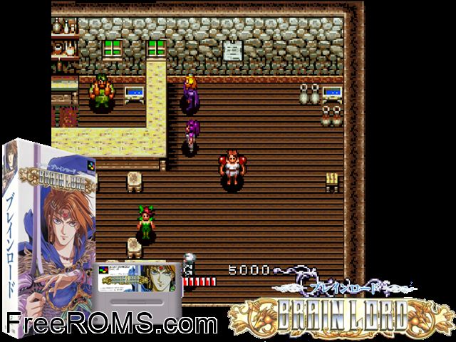 Brain Lord SNES game showing 3D box cover and gameplay screenshot