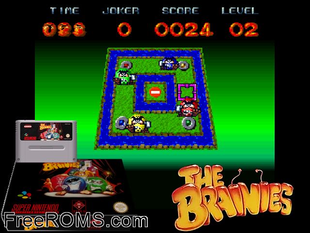 Brainies, The SNES game showing 3D box cover and gameplay screenshot