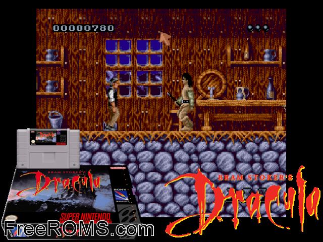 Bram Stoker's Dracula SNES game showing 3D box cover and gameplay screenshot